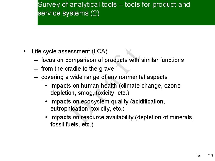 Survey of analytical tools – tools for product and service systems (2) D ra