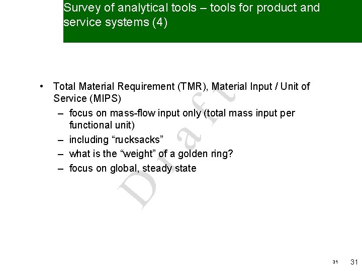 Survey of analytical tools – tools for product and service systems (4) D ra