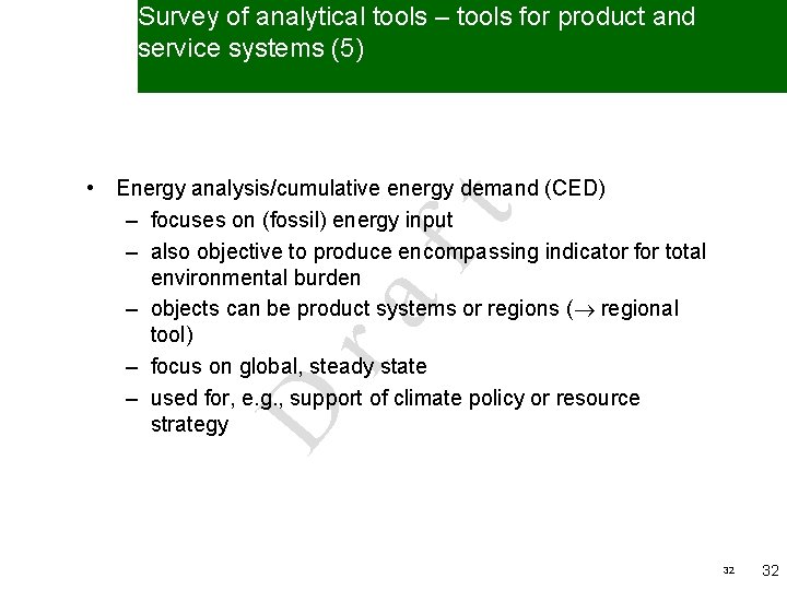 Survey of analytical tools – tools for product and service systems (5) D ra