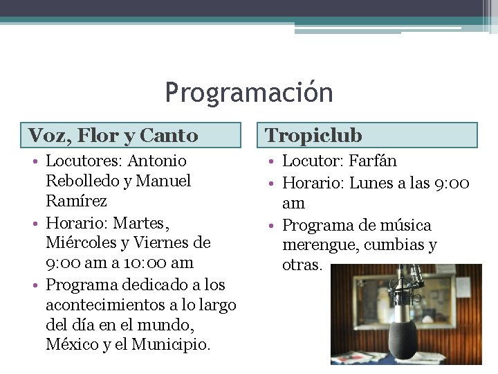 Programación Voz, Flor y Canto Tropiclub • Locutores: Antonio Rebolledo y Manuel Ramírez •