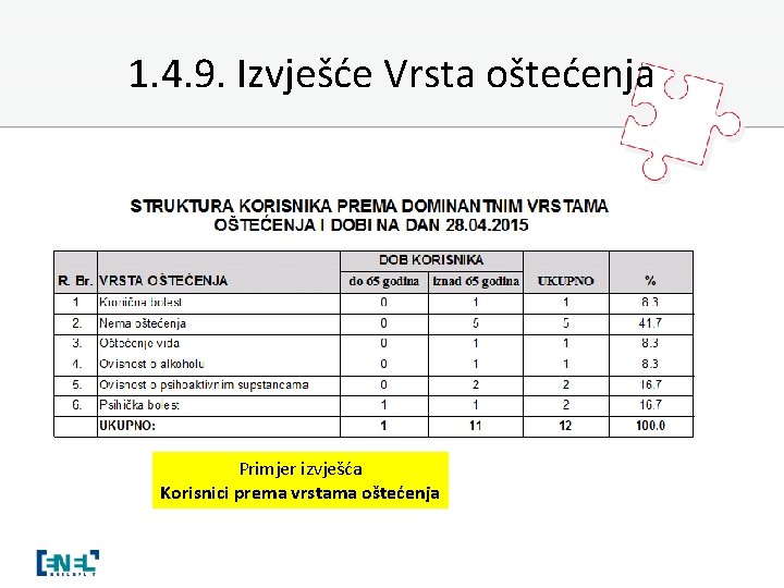 1. 4. 9. Izvješće Vrsta oštećenja Primjer izvješća Korisnici prema vrstama oštećenja 