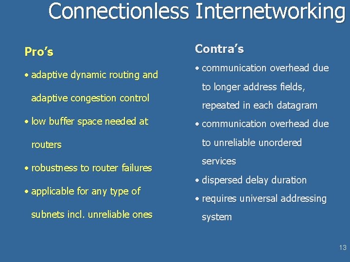 Connectionless Internetworking Pro’s • adaptive dynamic routing and adaptive congestion control • low buffer