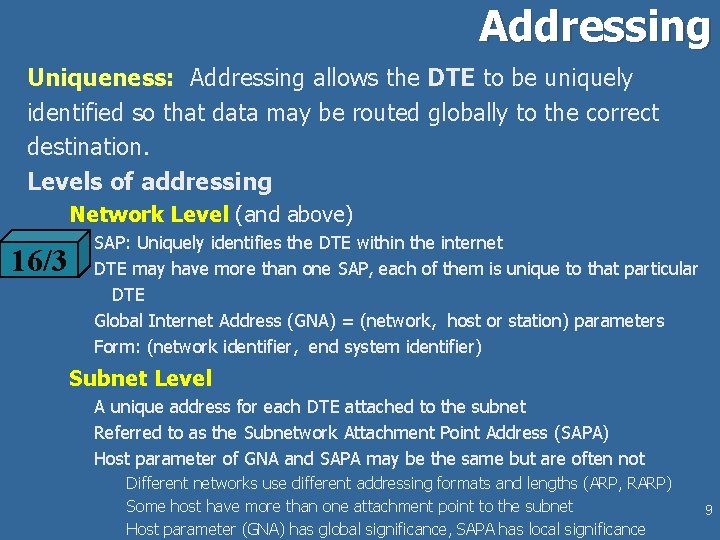 Addressing Uniqueness: Addressing allows the DTE to be uniquely identified so that data may