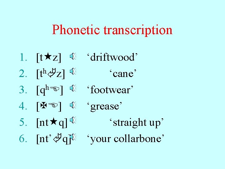 Phonetic transcription 1. 2. 3. 4. 5. 6. [t z] [th z] [qh. E]