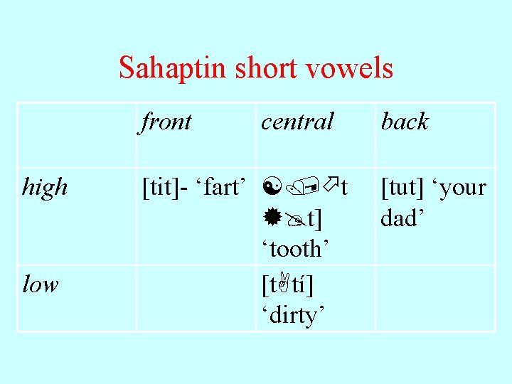 Sahaptin short vowels front high low central [tit]- ‘fart’ [/ t t] ‘tooth’ [t