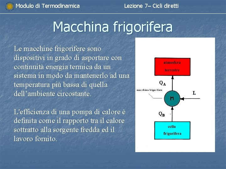 Modulo di Termodinamica Lezione 7– Cicli diretti Macchina frigorifera Le macchine frigorifere sono dispositivi