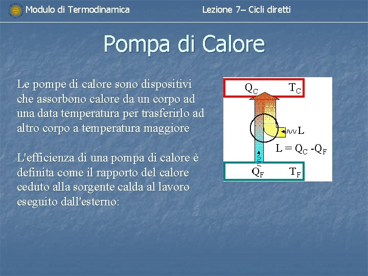 Modulo di Termodinamica Lezione 7– Cicli diretti Pompa di Calore Le pompe di calore