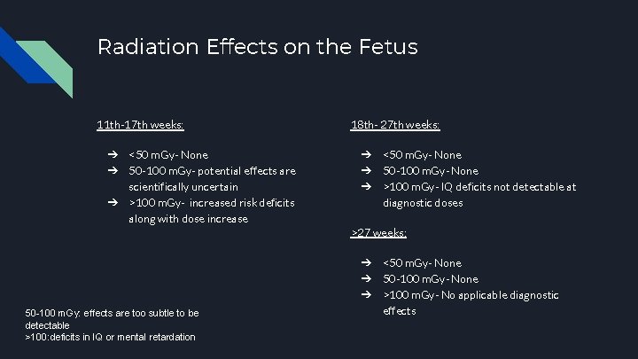 Radiation Effects on the Fetus 11 th-17 th weeks: ➔ <50 m. Gy- None