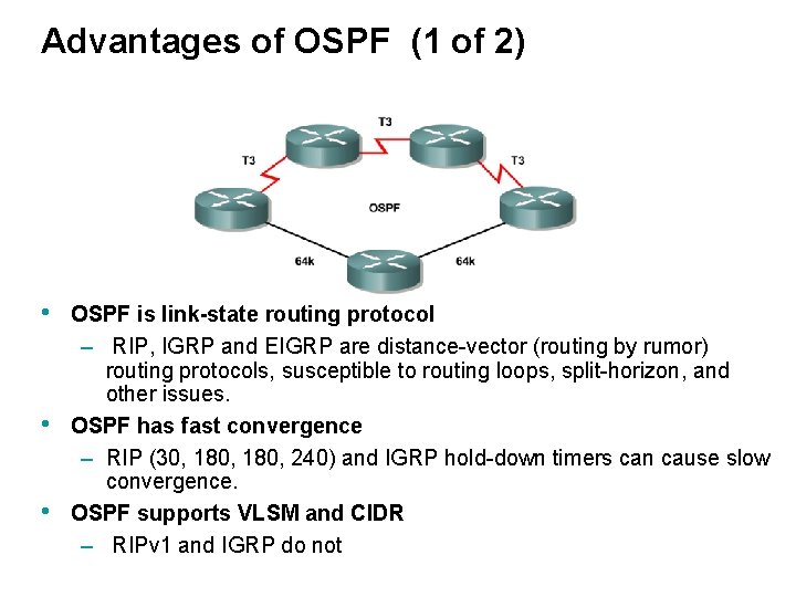 Advantages of OSPF (1 of 2) • • • OSPF is link-state routing protocol