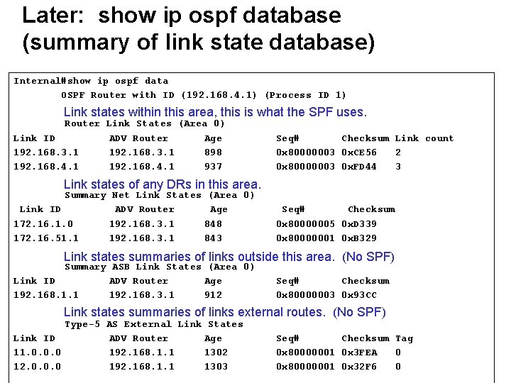 Later: show ip ospf database (summary of link state database) Internal#show ip ospf data