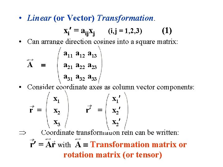  • Linear (or Vector) Transformation. xi = aijxj (i, j = 1, 2,