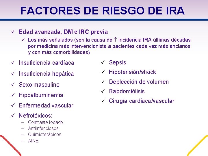 FACTORES DE RIESGO DE IRA Edad avanzada, DM e IRC previa Los más señalados FACTORES DE RIESGO DE IRA Edad avanzada, DM e IRC previa Los más señalados