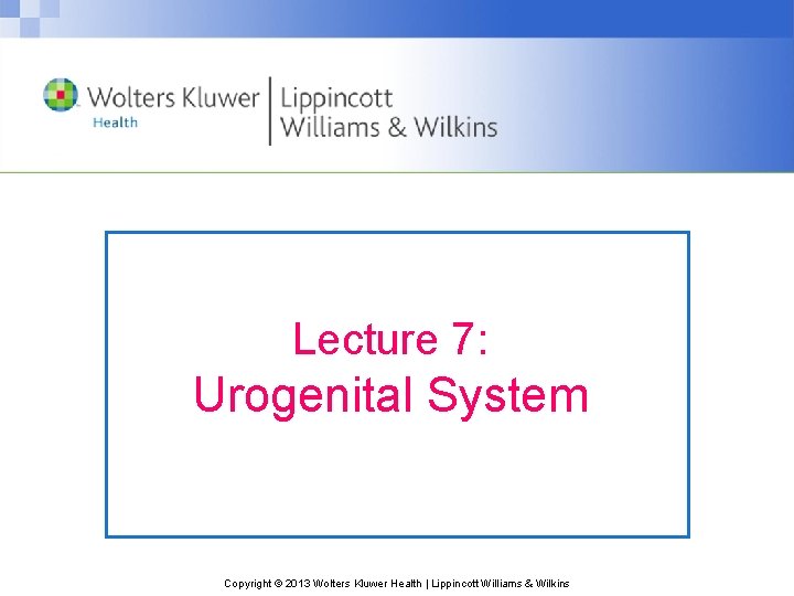 Lecture 7: Urogenital System Copyright © 2013 Wolters Kluwer Health | Lippincott Williams &