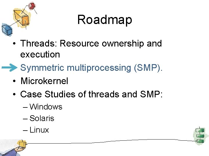 Roadmap • Threads: Resource ownership and execution • Symmetric multiprocessing (SMP). • Microkernel •