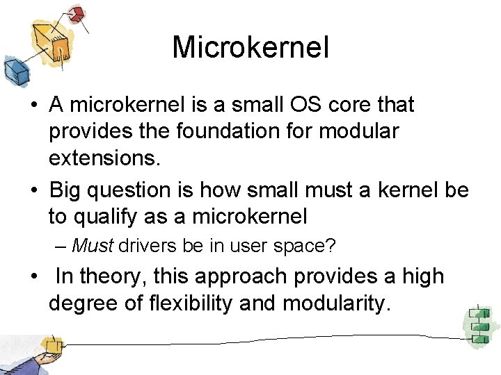 Microkernel • A microkernel is a small OS core that provides the foundation for