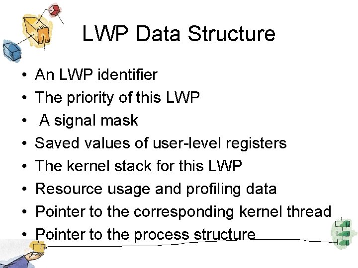 LWP Data Structure • • An LWP identifier The priority of this LWP A