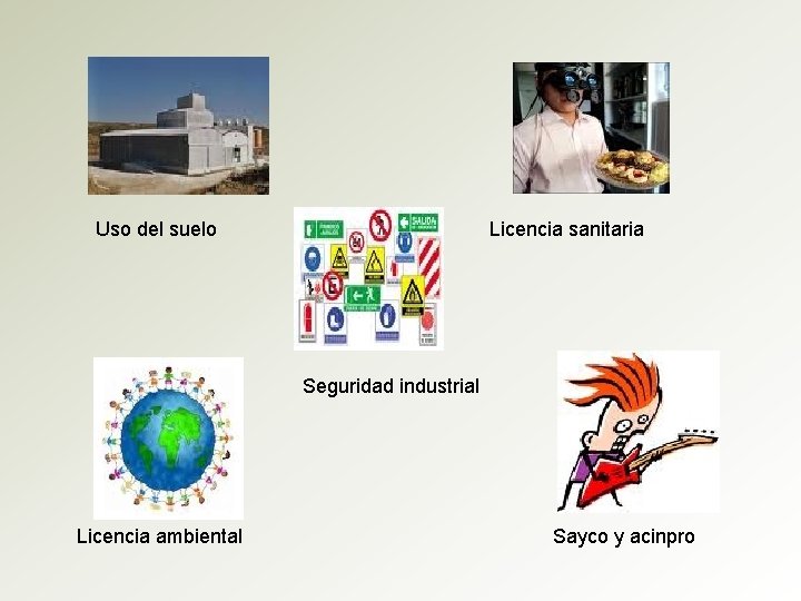 Uso del suelo Licencia sanitaria Seguridad industrial Licencia ambiental Sayco y acinpro Uso del suelo Licencia sanitaria Seguridad industrial Licencia ambiental Sayco y acinpro