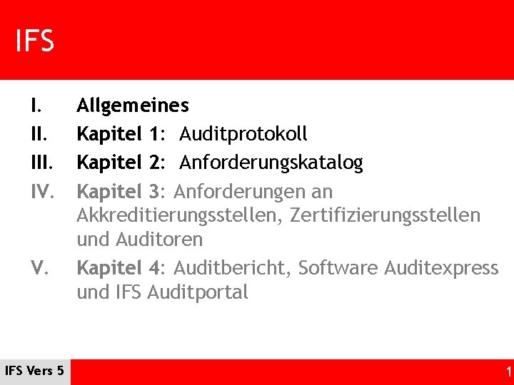 IFS I. III. IV. IFS Vers 5 Allgemeines Kapitel 1: Auditprotokoll Kapitel 2: Anforderungskatalog