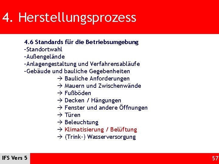 4. Herstellungsprozess 4. 6 Standards für die Betriebsumgebung –Standortwahl –Außengelände –Anlagengestaltung und Verfahrensabläufe –Gebäude