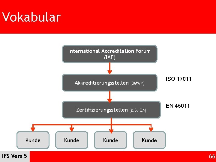 Vokabular International Accreditation Forum (IAF) Akkreditierungsstellen Zertifizierungsstellen Kunde IFS Vers 5 Kunde (BMWA) (z.