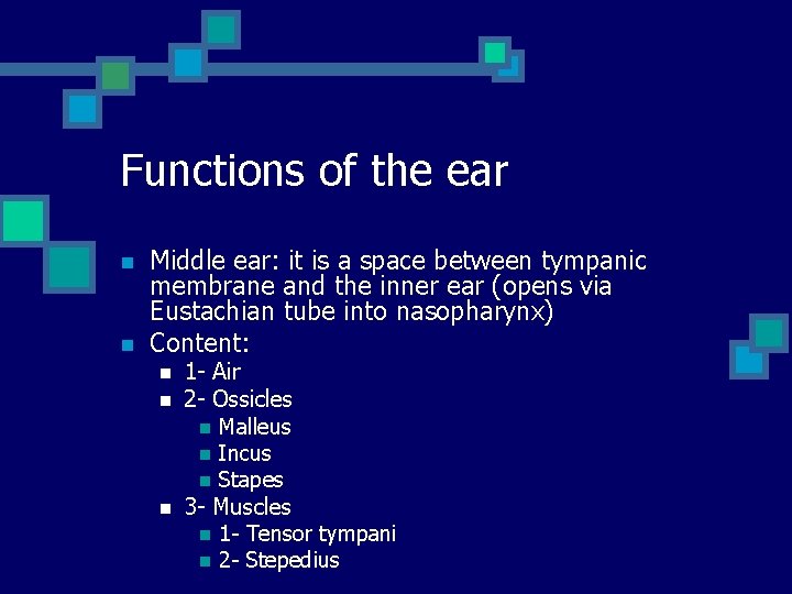 Functions of the ear n n Middle ear: it is a space between tympanic