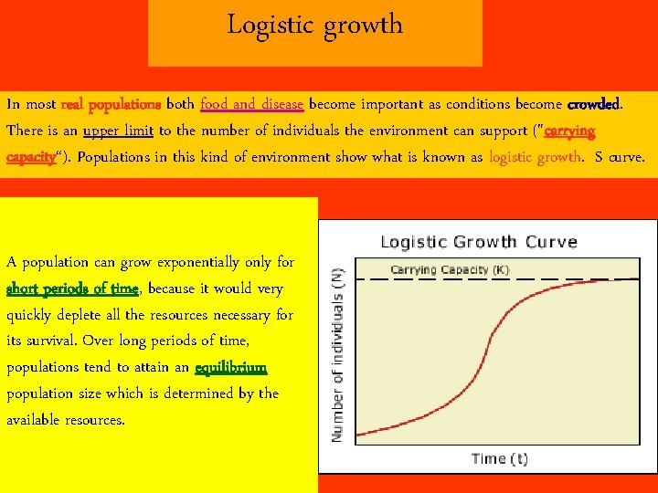 Logistic growth In most real populations both food and disease become important as conditions