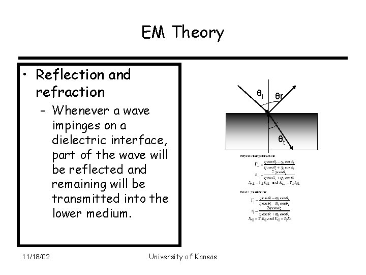 EM Theory • Reflection and refraction θi – Whenever a wave impinges on a