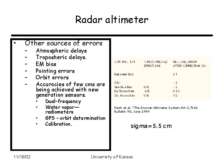 Radar altimeter • Other sources of errors – – – Atmospheric delays Troposheric delays.