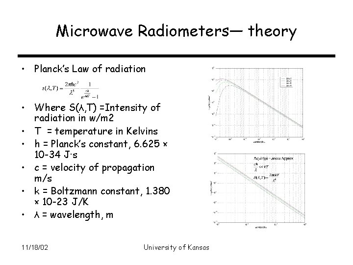 Microwave Radiometers— theory • Planck’s Law of radiation • Where S(λ, T) =Intensity of