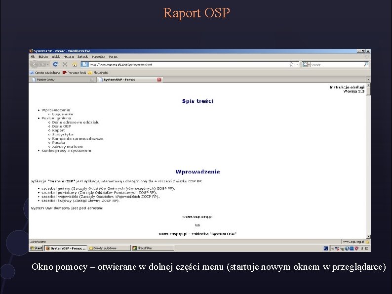 Raport OSP Okno pomocy – otwierane w dolnej części menu (startuje nowym oknem w