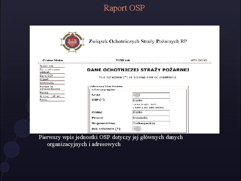 Raport OSP Pierwszy wpis jednostki OSP dotyczy jej głównych danych organizacyjnych i adresowych 