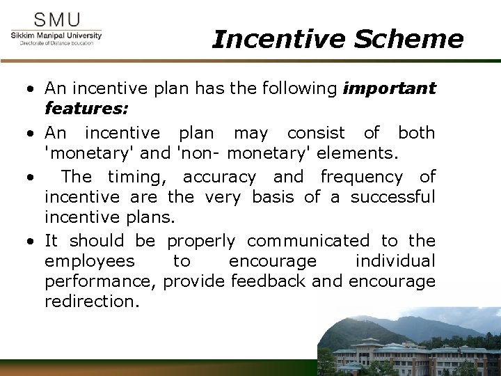 Incentive Scheme • An incentive plan has the following important features: • An incentive