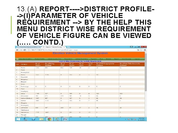 13. (A) REPORT---->DISTRICT PROFILE->(I)PARAMETER OF VEHICLE REQUIREMENT --> BY THE HELP THIS MENU DISTRICT