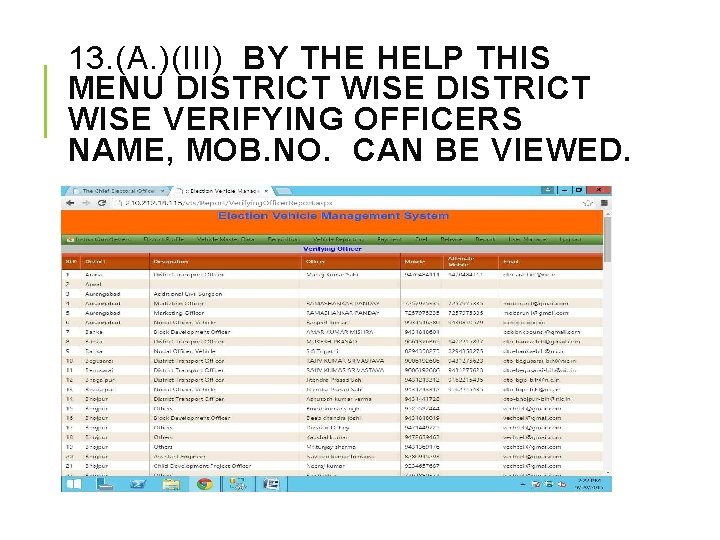 13. (A. )(III) BY THE HELP THIS MENU DISTRICT WISE VERIFYING OFFICERS NAME, MOB.