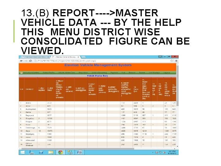 13. (B) REPORT---->MASTER VEHICLE DATA --- BY THE HELP THIS MENU DISTRICT WISE CONSOLIDATED