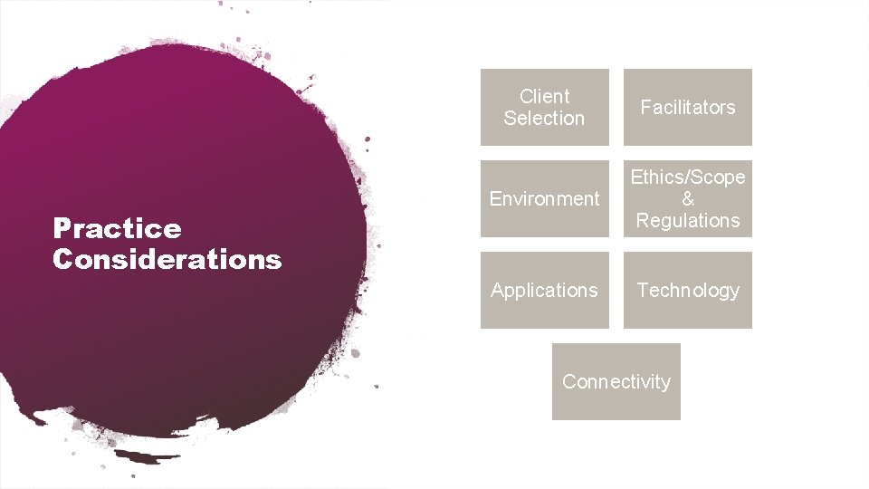 Practice Considerations Client Selection Facilitators Environment Ethics/Scope & Regulations Applications Technology Connectivity 
