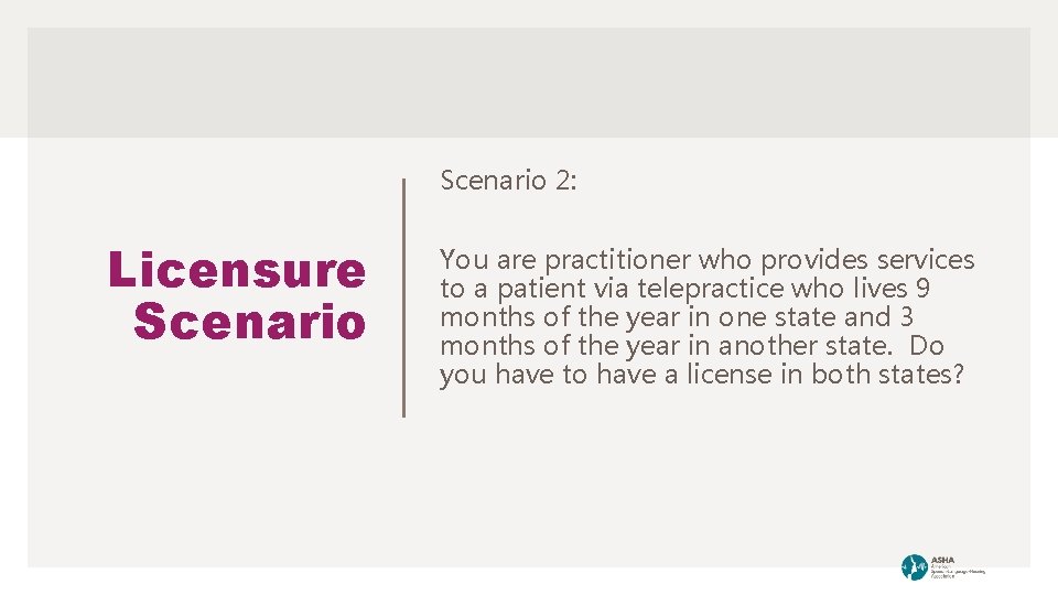 Scenario 2: Licensure Scenario You are practitioner who provides services to a patient via