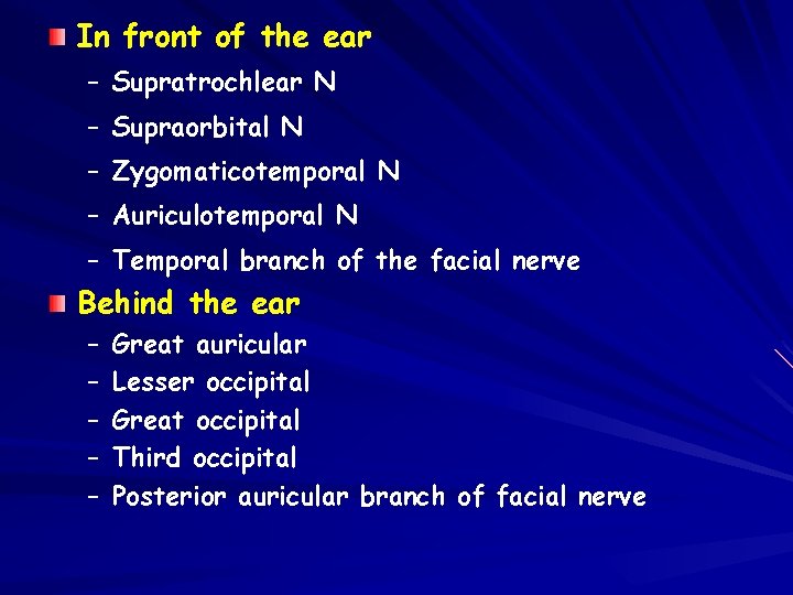 In front of the ear – Supratrochlear N – Supraorbital N – Zygomaticotemporal N