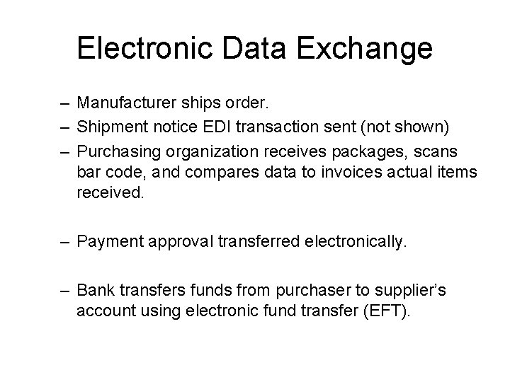 Electronic Data Exchange – Manufacturer ships order. – Shipment notice EDI transaction sent (not