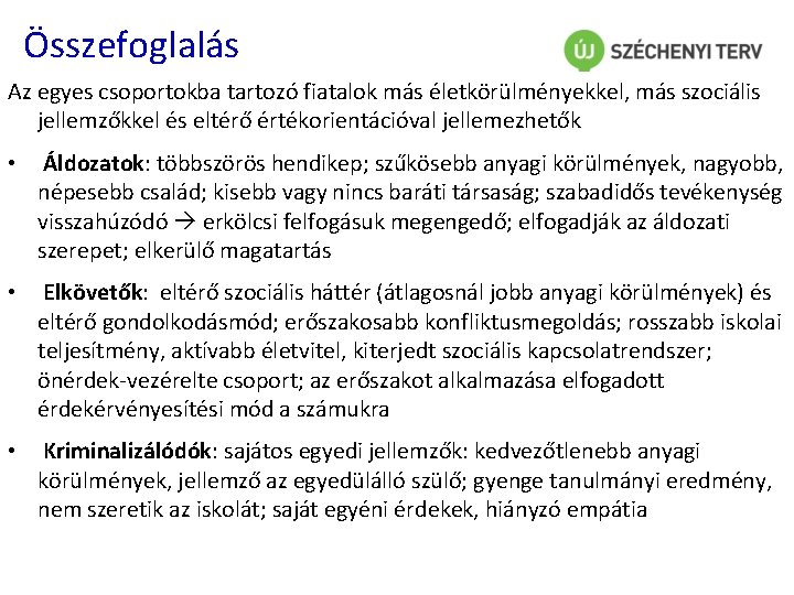 Összefoglalás Az egyes csoportokba tartozó fiatalok más életkörülményekkel, más szociális jellemzőkkel és eltérő értékorientációval