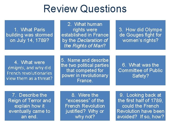 Review Questions 1. What Paris building was stormed on July 14, 1789? 2. What