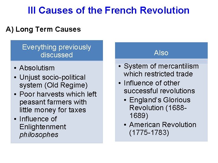 III Causes of the French Revolution A) Long Term Causes Everything previously discussed •