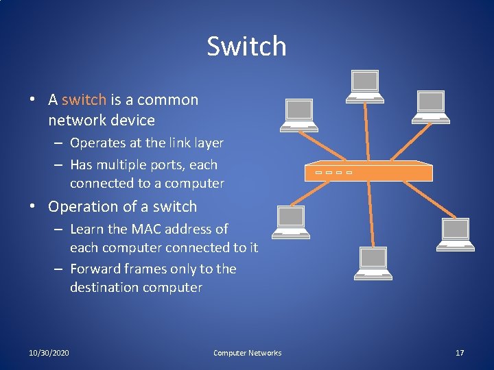 Switch • A switch is a common network device – Operates at the link