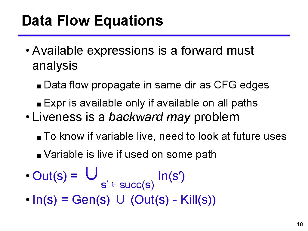 Data Flow Equations • Available expressions is a forward must analysis ■ Data flow