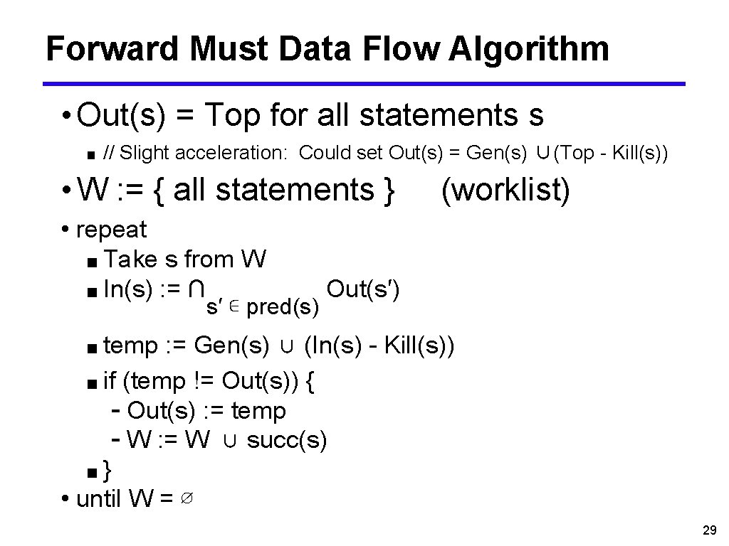 Forward Must Data Flow Algorithm • Out(s) = Top for all statements s ■