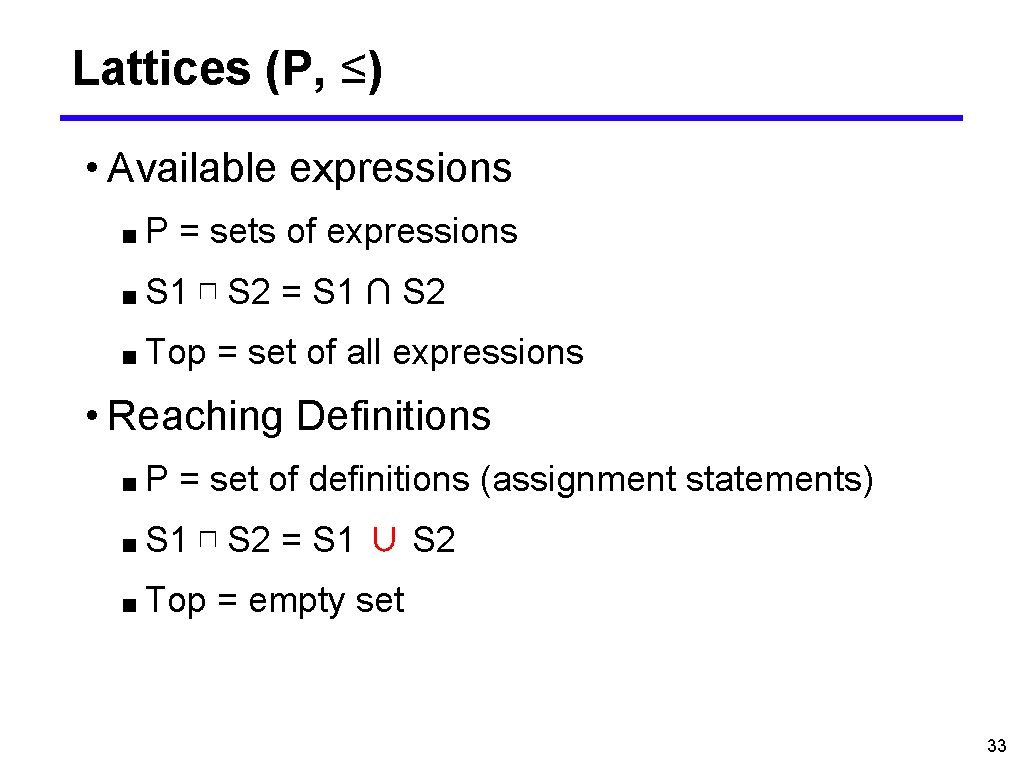 Lattices (P, ≤) • Available expressions ■P = sets of expressions ■ S 1