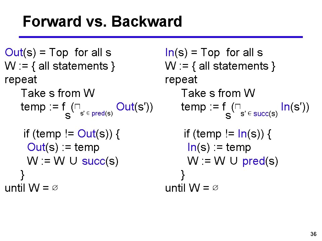 Forward vs. Backward Out(s) = Top for all s W : = { all