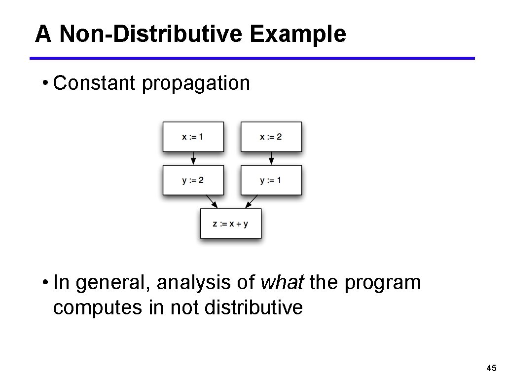 A Non-Distributive Example • Constant propagation • In general, analysis of what the program