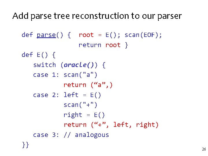 Add parse tree reconstruction to our parser def parse() { root = E(); scan(EOF);