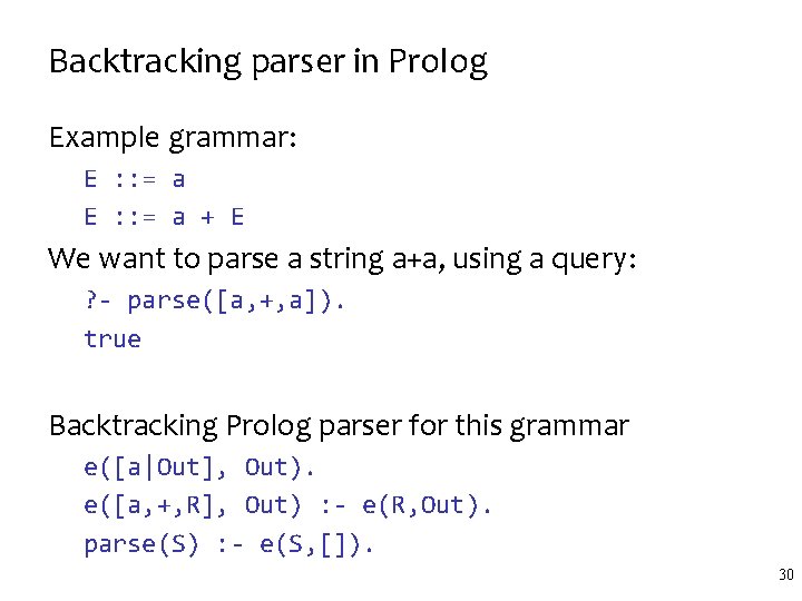 Backtracking parser in Prolog Example grammar: E : : = a + E We